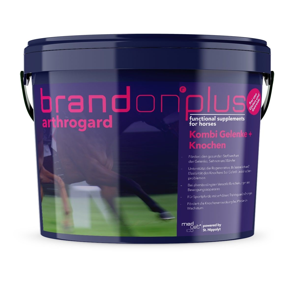 Dunkelblauer Eimer mit Aufschrift 'BrandonPlus Arthrogard'. Text: 'functional supplements for horses'.