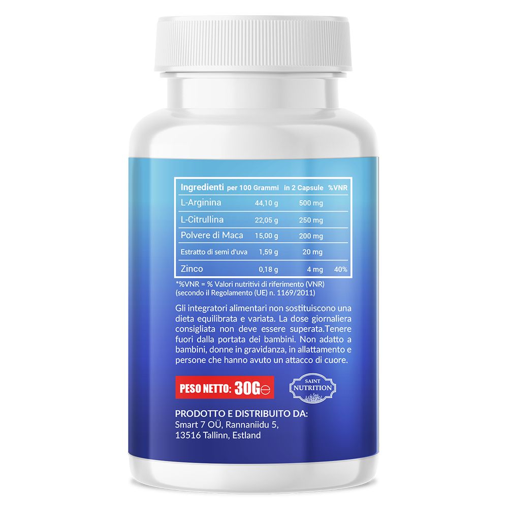 Retro di un flacone bianco con etichetta blu. Contiene informazioni nutrizionali e ingredienti. Peso netto: 30g. Logo Saint Nutrition.