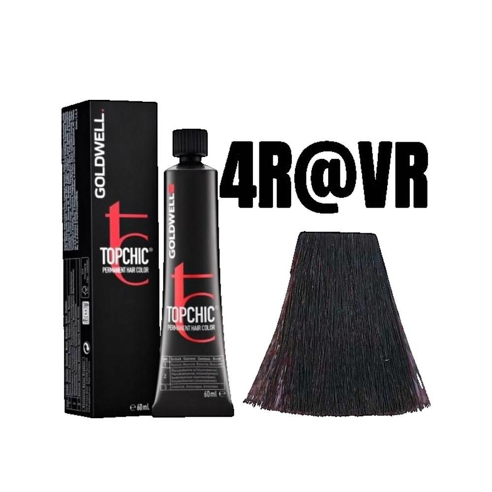 Goldwell Topchic Haarfarbe, Tube und Verpackung. Farbton 4R@VR, Haarsträhne. Schwarze Tube, schwarze Verpackung mit roter Schrift.