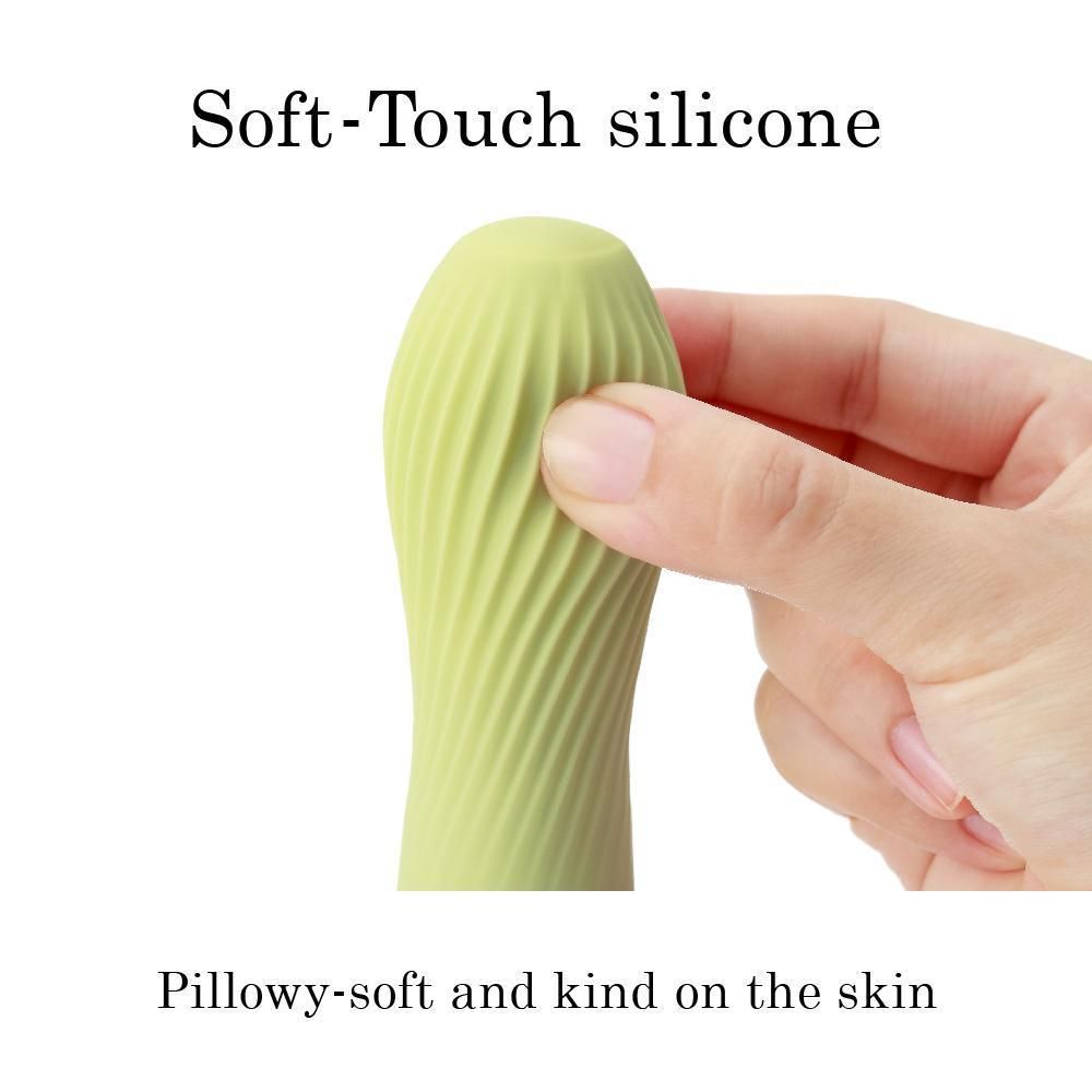 Grüner Vibrator, Detailaufnahme. Text: "Soft-Touch silicone".