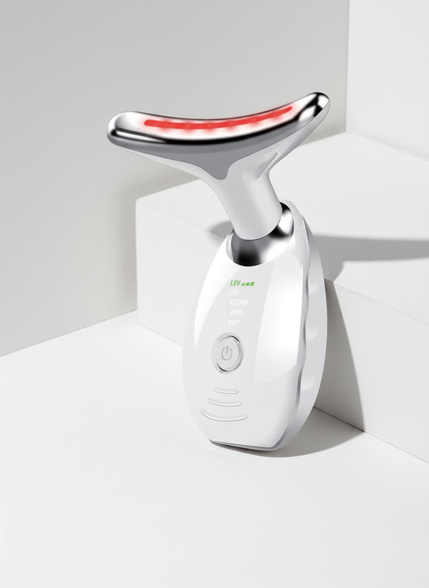 Weißes Gerät mit gebogenem Kopf, auf einer weißen Oberfläche. Roter Lichtstreifen am Kopf, LED-Anzeige. Minimalistischer Hintergrund.