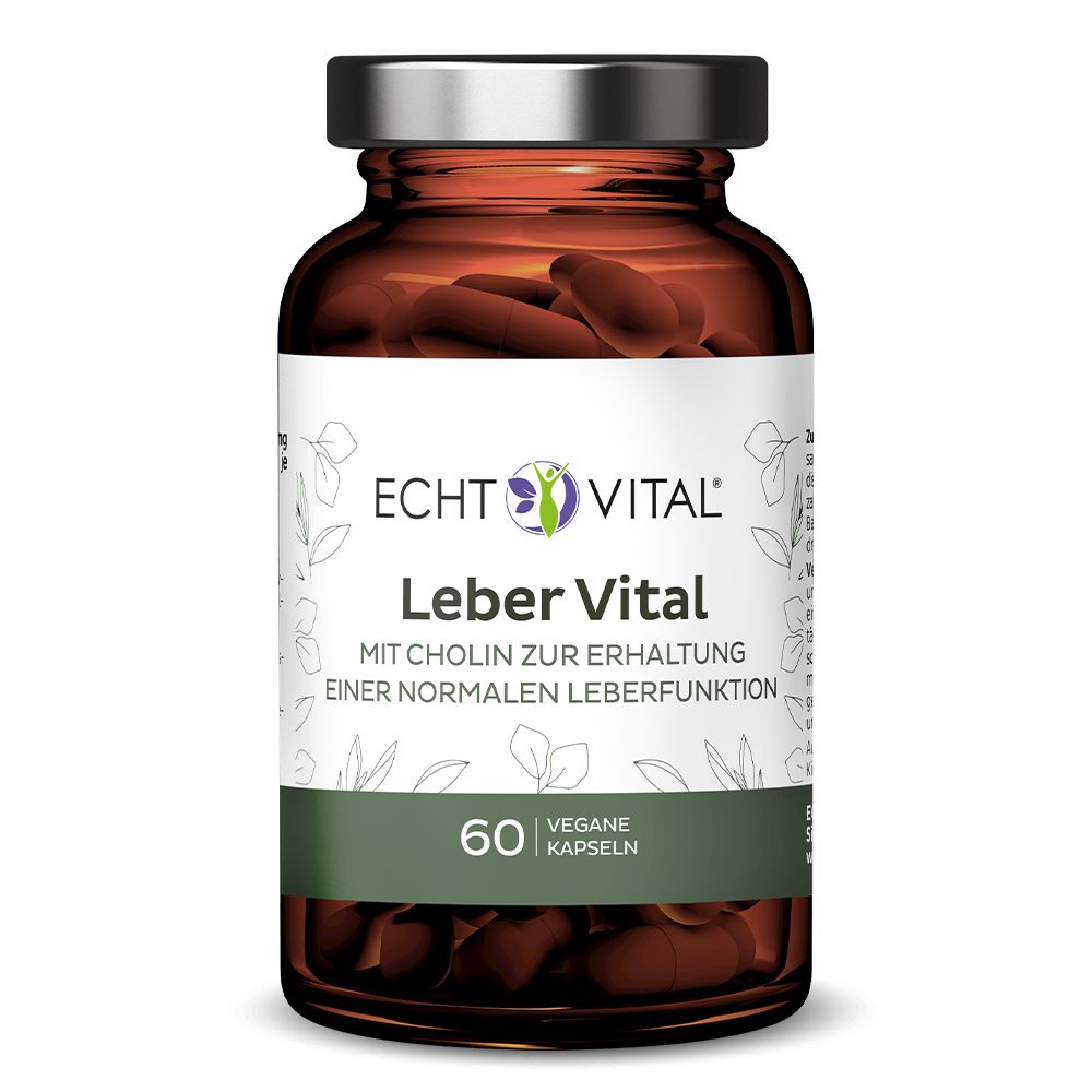 Braune Glasflasche mit silbernem Deckel. Etikett mit "Echt Vital Leber Vital" und "60 vegane Kapseln".