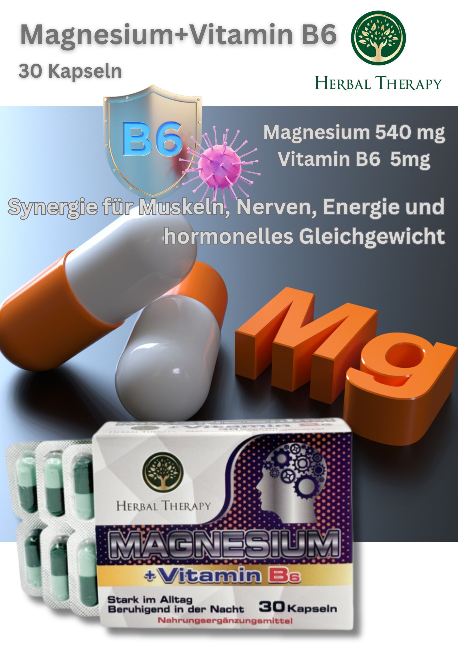 Produktpräsentation mit Kapseln, Verpackung und Text. "Herbal Therapy Magnesium + Vitamin B6". 30 Kapseln. Orangefarbene Buchstaben "Mg".
