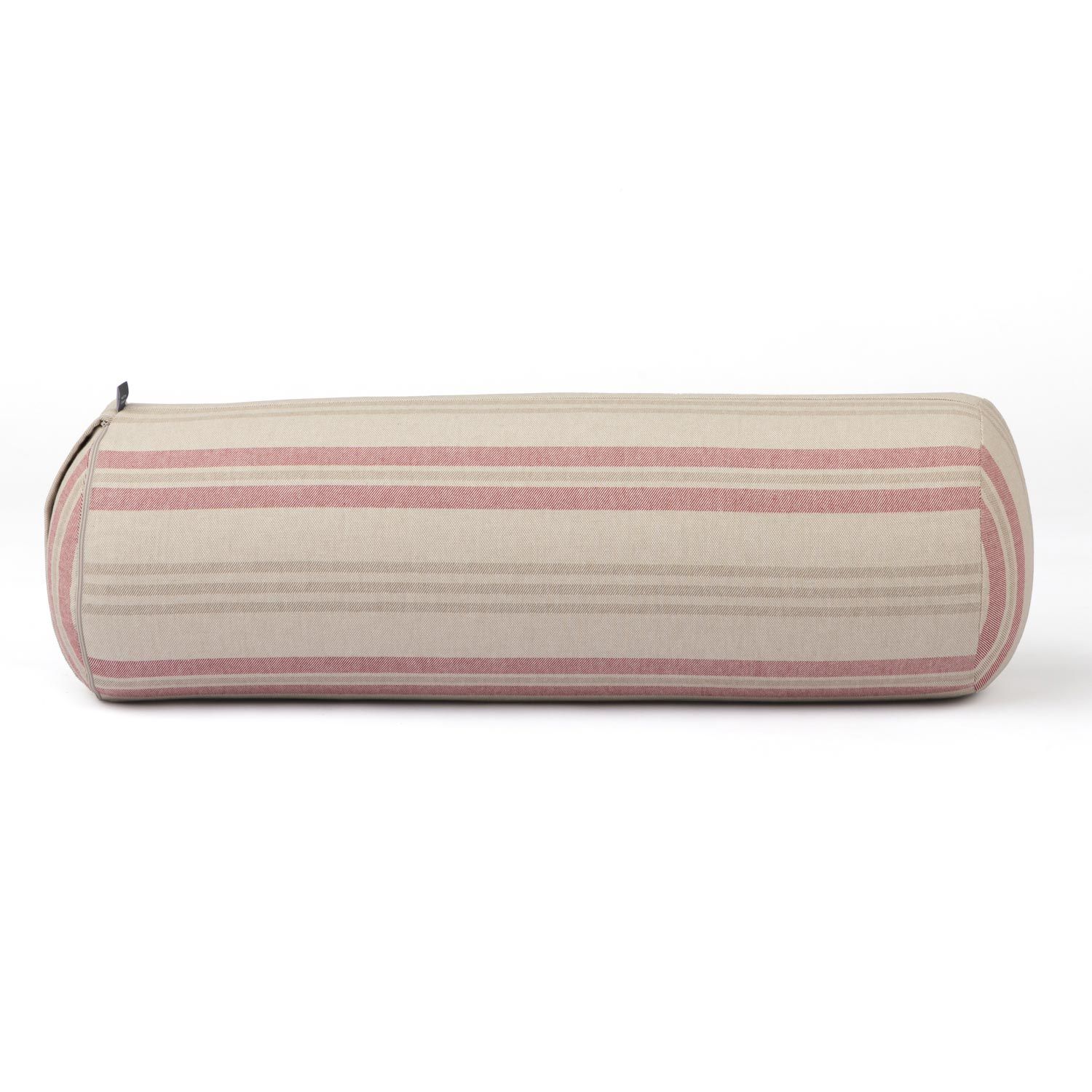 Zylindrisches Kissen mit Streifen in Rot und Beige.
