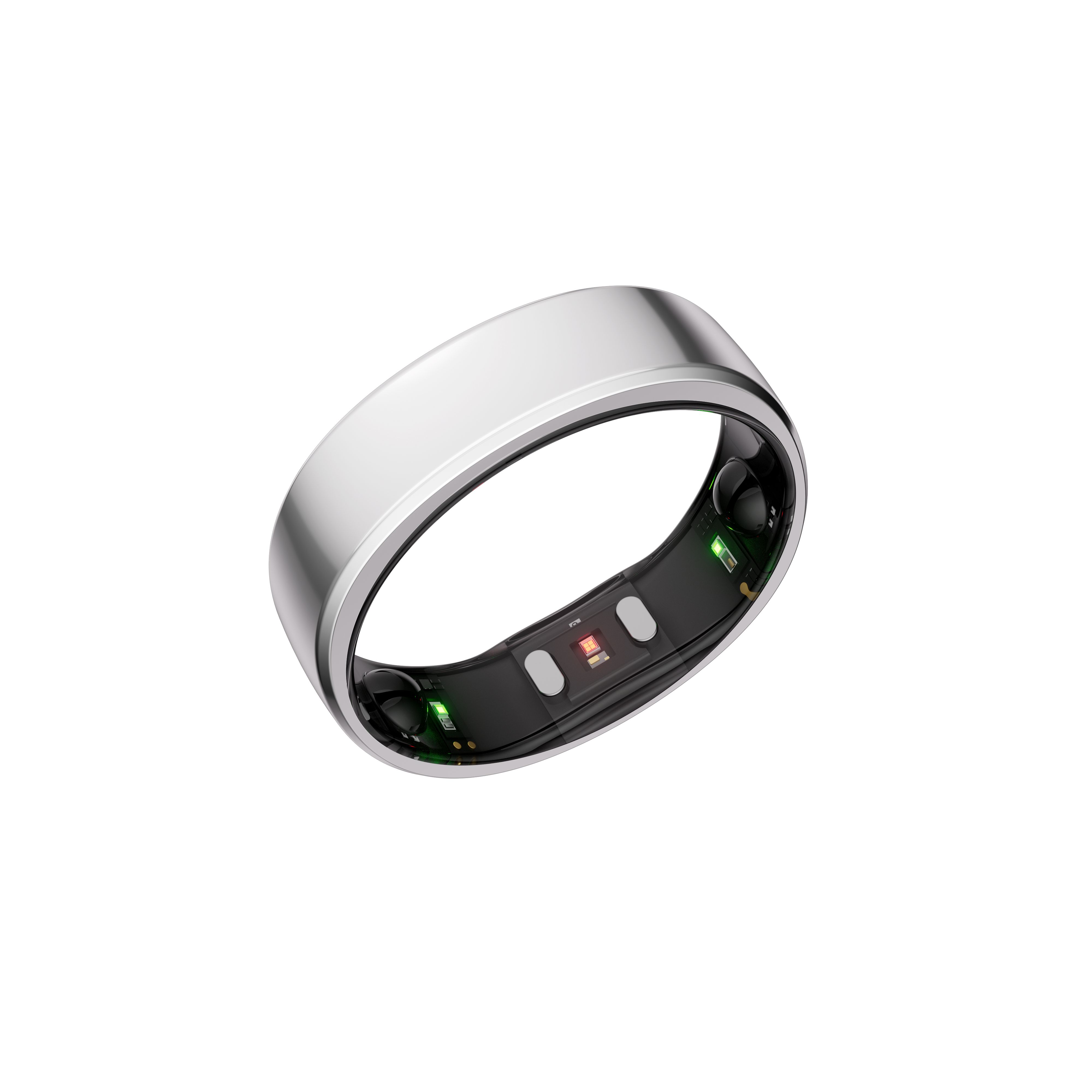 Silberfarbener Ring mit schwarzem Innenband. Der Ring hat eine abgerundete Form und ist leicht geneigt.