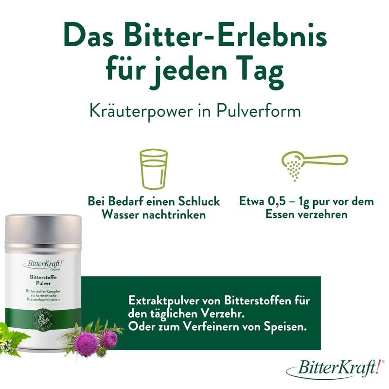 Produkt mit Dose, Kräuter und Blüten. Text: BitterKraft! Bitterstoffe Pulver. Anweisungen: Wasser nachtrinken, 0,5-1g vor dem Essen.