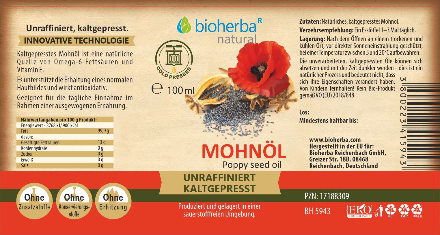 Bioherba Mohnöl Flasche mit Etikett, kaltgepresst, 100ml.
