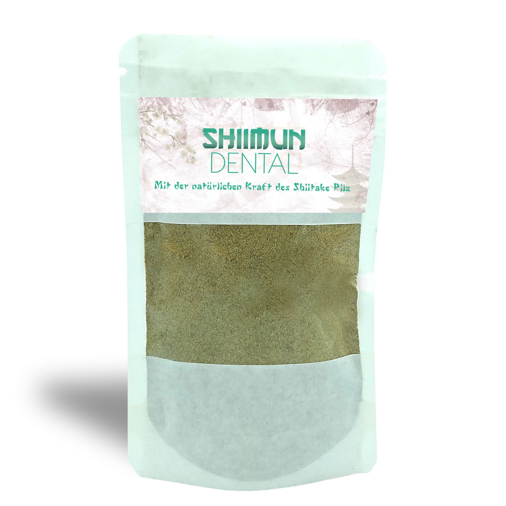 Beutel mit Shiimun Dental Pulver. Sichtbares Produkt mit grünem Etikett und Text. Unterer Teil des Beutels mit Pulver gefüllt.