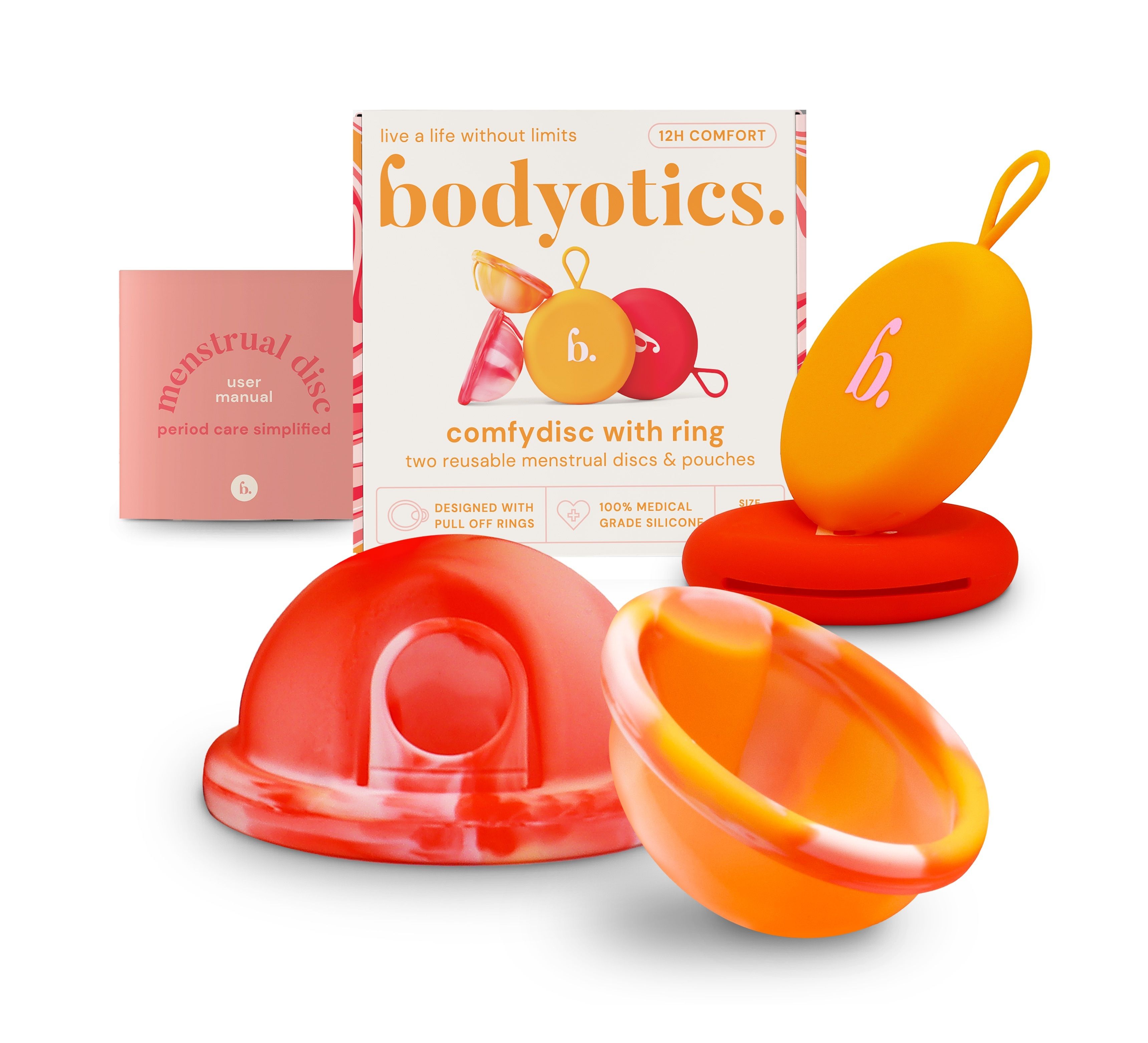 Zwei wiederverwendbare Menstruationsscheiben in Rot und Orange, mit Aufbewahrungsbeuteln und Benutzerhandbuch.