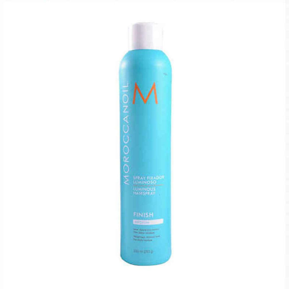 Türkisgrüne Haarspray-Flasche mit weißem Deckel. Aufschrift: Moroccanoil, Luminous Hairspray, Finish Medium.