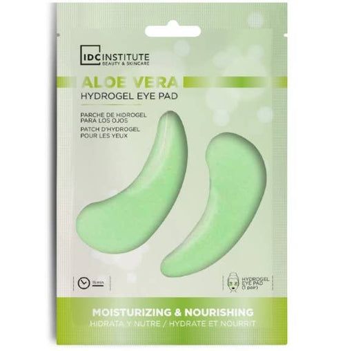Verpackung mit zwei grünen Hydrogel-Augenpads. Text: Aloe Vera, Hydrogel Eye Pad, IDC Institute.