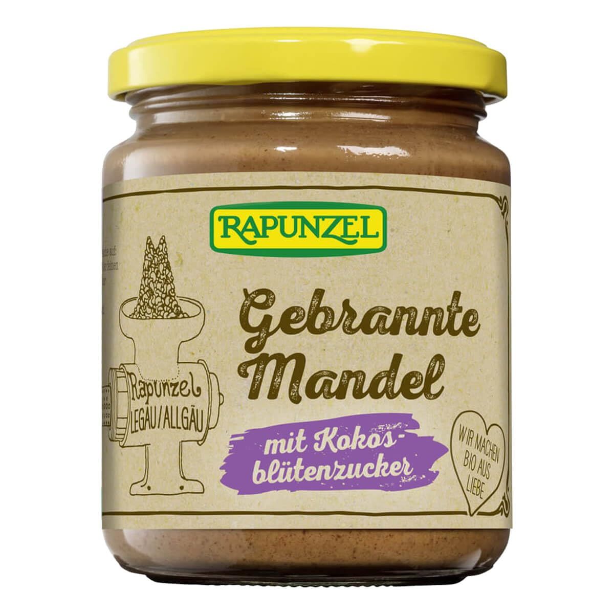 Rapunzel Gebrannte Mandel Aufstrich mit Kokosblütenzucker im Glas, mit Bio-Siegel.