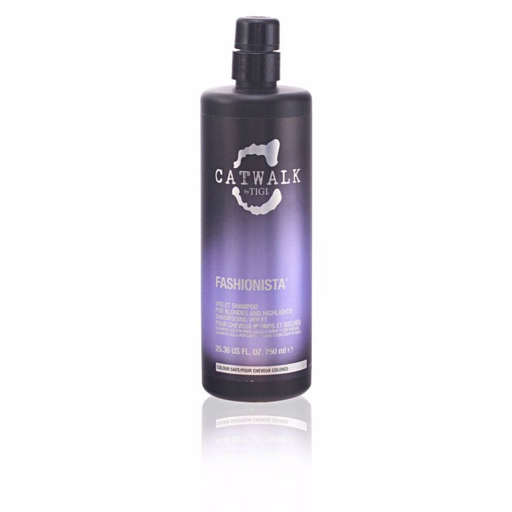 Schwarze Flasche mit Aufschrift CATWALK TIGI FASHIONISTA. Lila Farbverlauf. Text: VIOLET SHAMPOO. Schwarzer Deckel.