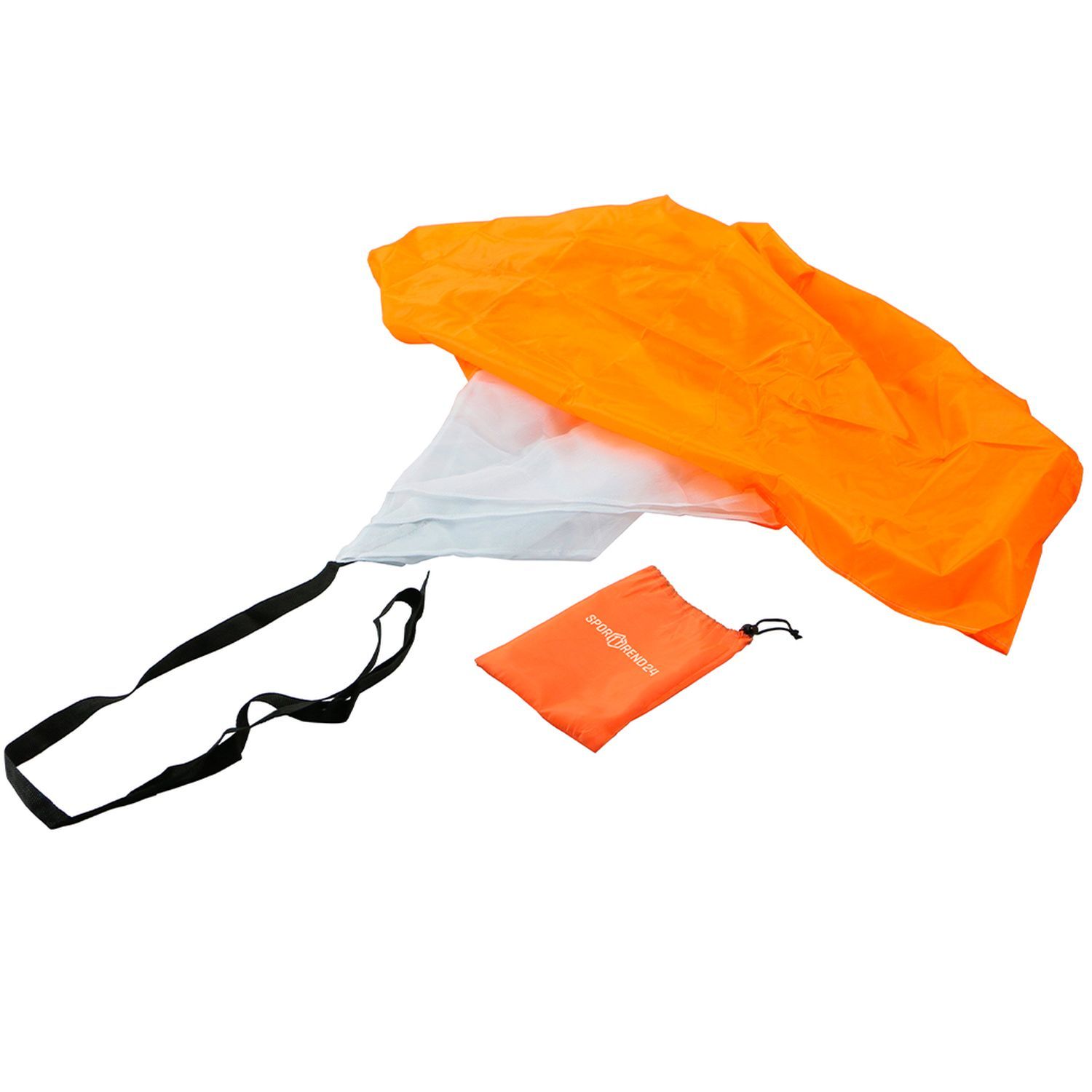 Fallschirm, orangefarben, mit schwarzem Gurt. Kleine orangefarbene Tasche mit Kordelzug. Auf weißem Hintergrund.