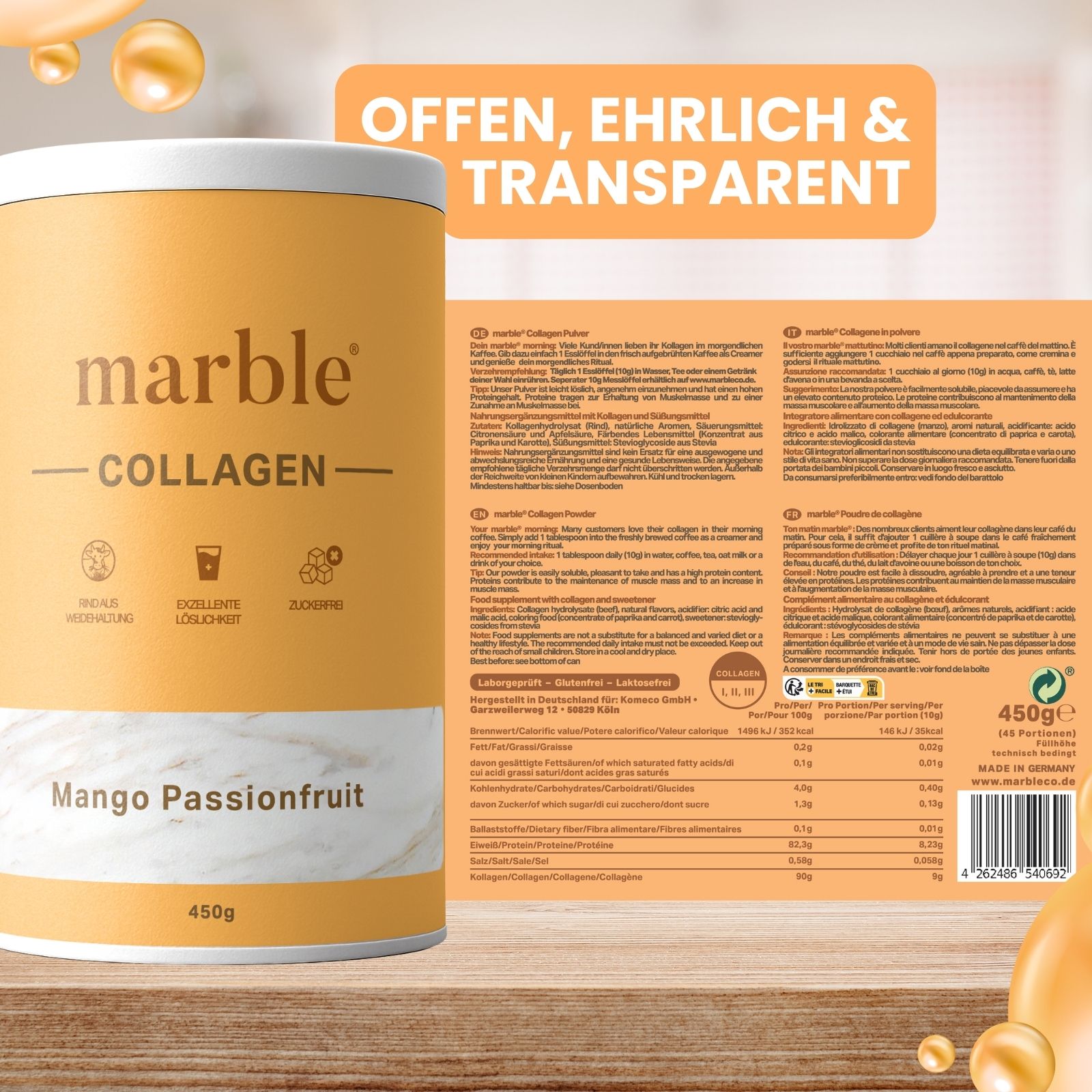 Zylindrische Dose mit "marble" und "COLLAGEN"-Logo. Mango-Passionsfrucht-Geschmack. 450g. Text: Offen, ehrlich & transparent.