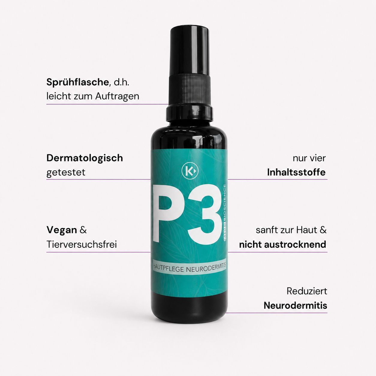 Dunkle Sprühflasche mit petrolfarbenem Etikett, Hautpflege bei Neurodermitis.