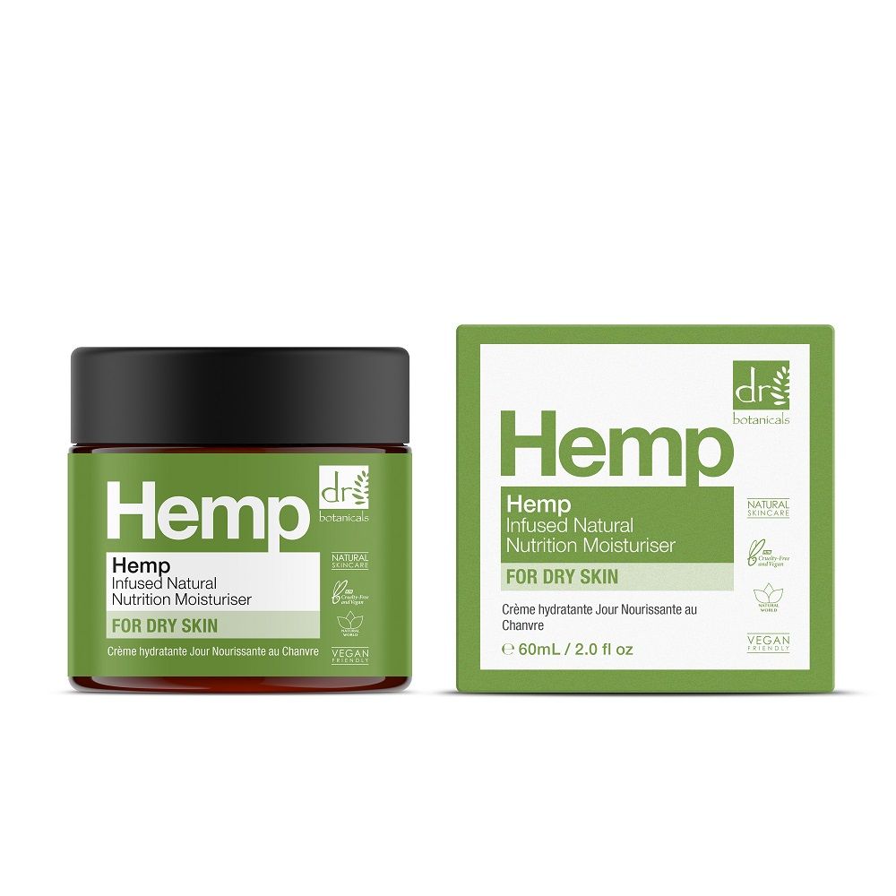 Grünes Glas mit schwarzem Deckel und Verpackung. Aufschrift "Hemp" und "For Dry Skin". Vegan-Siegel.