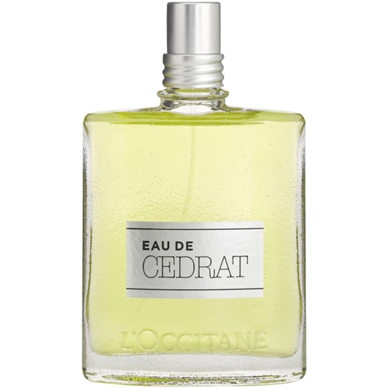 Glasflakon L'Occitane Eau de Cedrat. Aufschrift: Eau de Cedrat. Silberner Zerstäuber. Flüssigkeit gelblich.