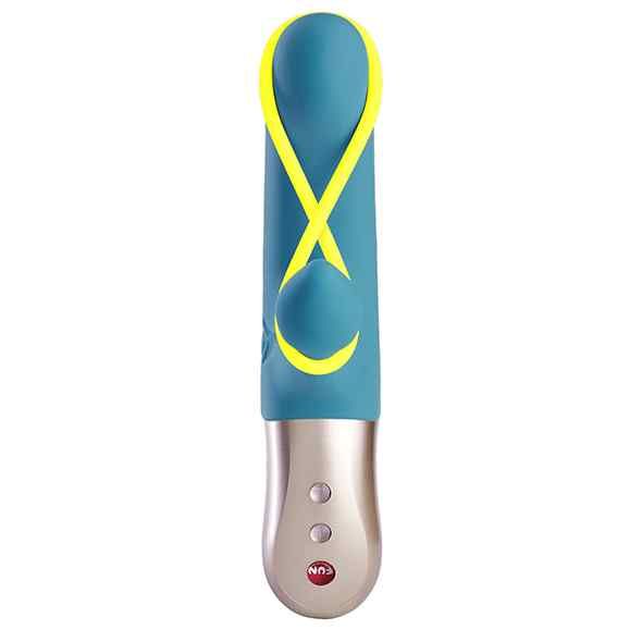 Petrolfarbener Vibrator mit gelben Akzenten. Goldfarbener Sockel mit Knöpfen. FUN-Logo.