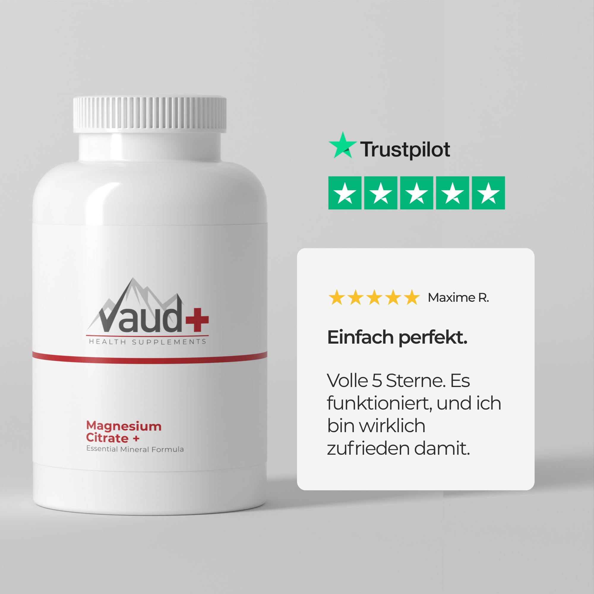 Weiße Flasche mit Vaud+ Logo und rotem Streifen. Trustpilot-Bewertung mit 5 Sternen. Kundenbewertung.