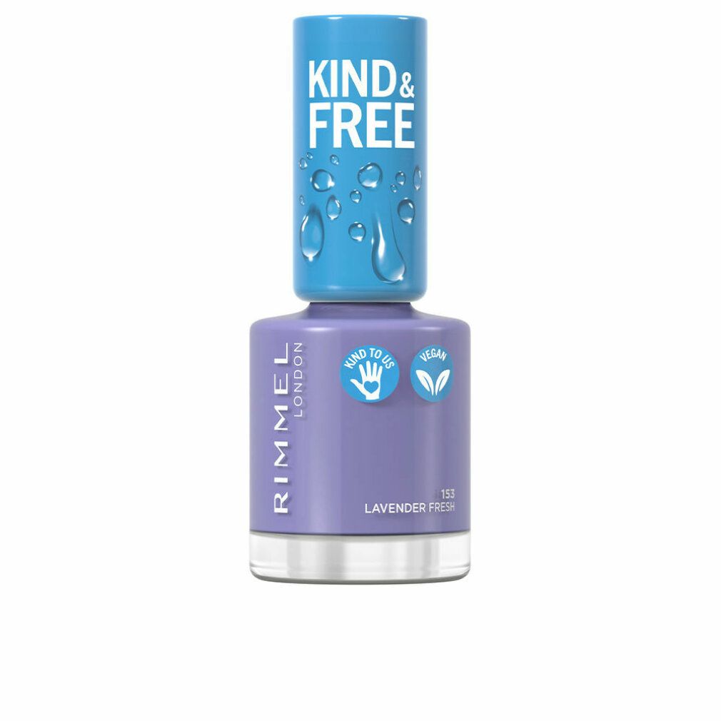Nagellackflasche. Lila Farbe. Blauer Deckel mit Schriftzug KIND & FREE. Aufschrift RIMMEL LONDON. Vegan-Siegel.