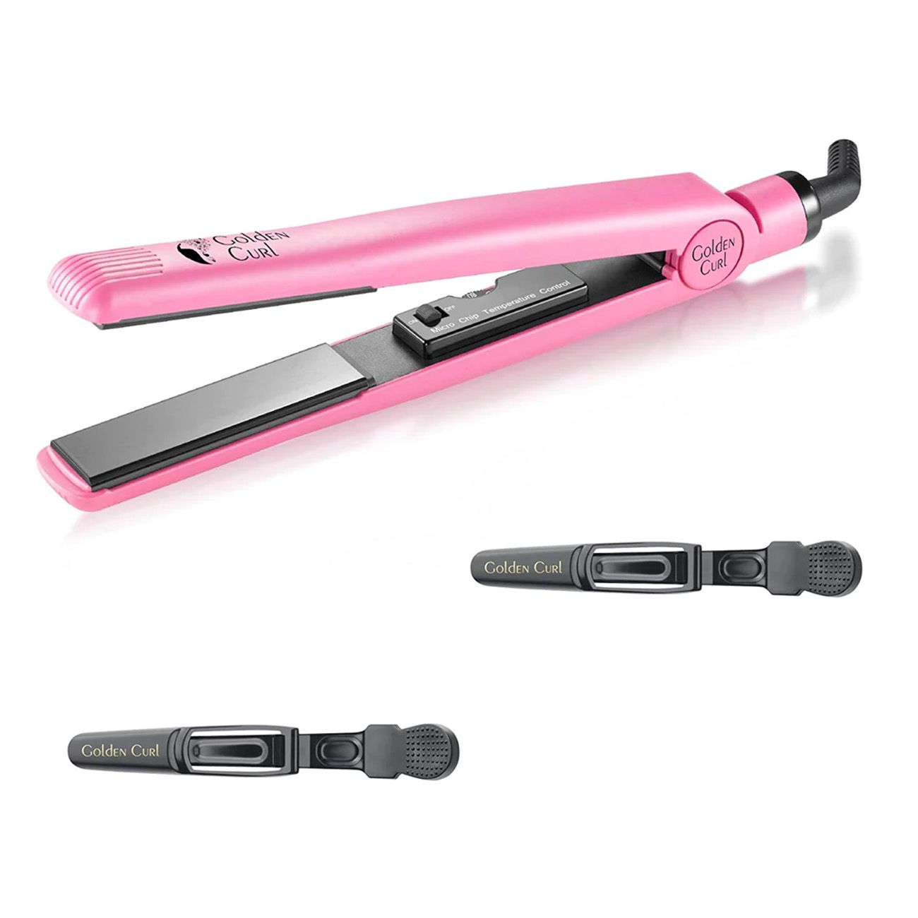 Pinkes Glätteisen mit schwarzer Platte und zwei schwarzen Haarclips. "Golden Curl"-Logo.