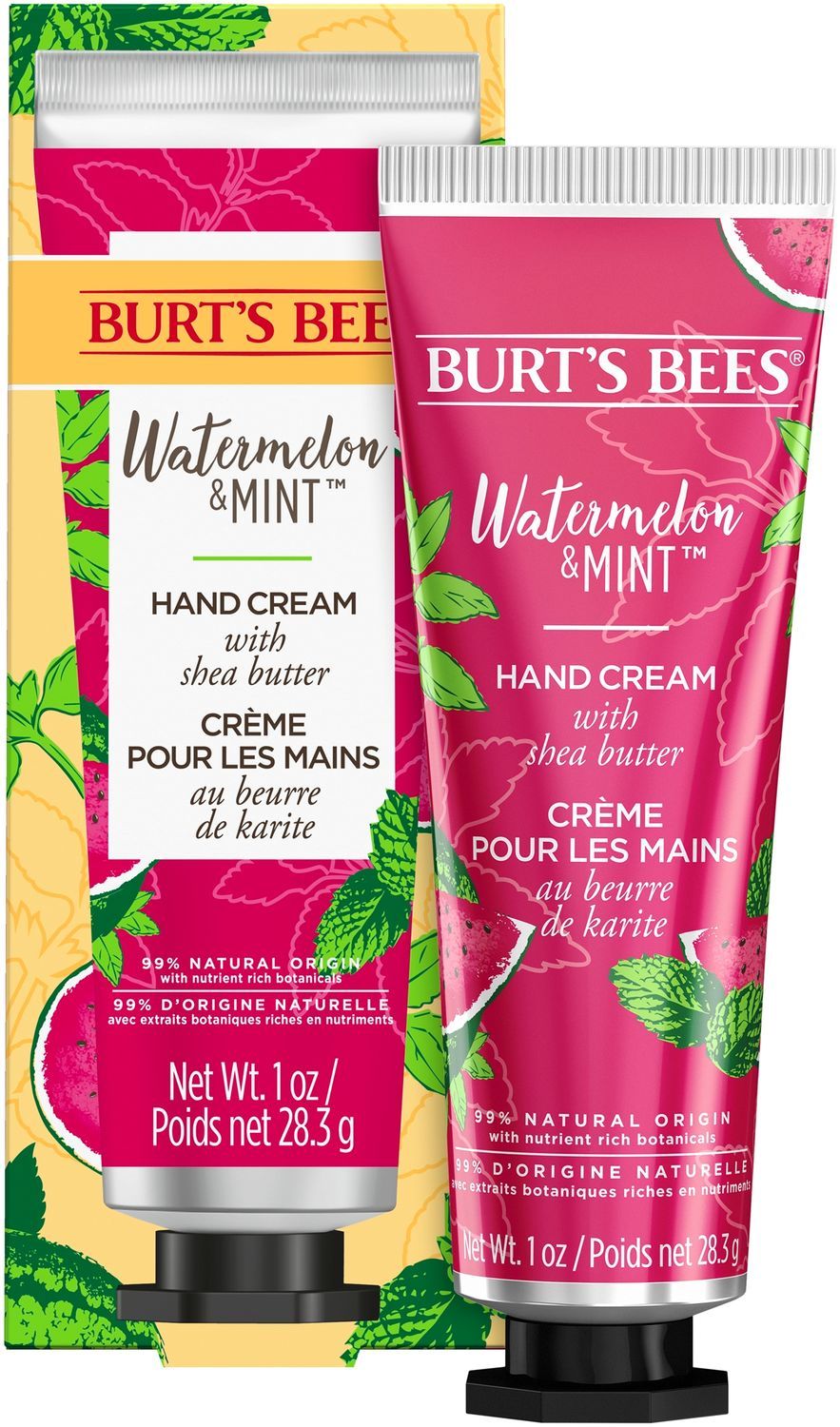 Handcreme-Tube und Schachtel. Text: Watermelon & Mint, Hand Cream, Shea Butter. Rosa und gelb. 1 oz.