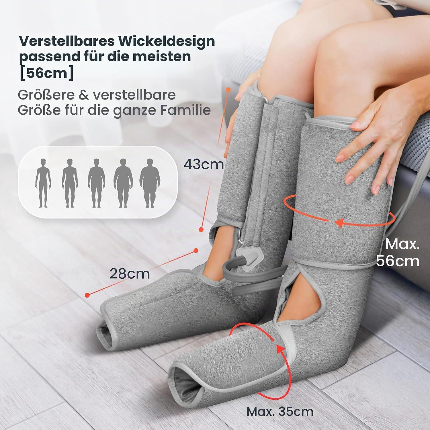 Komfier Fuß- und Beinmassagegerät, verstellbar bis 56 cm, 43 cm hoch, 28 cm Fußlänge.