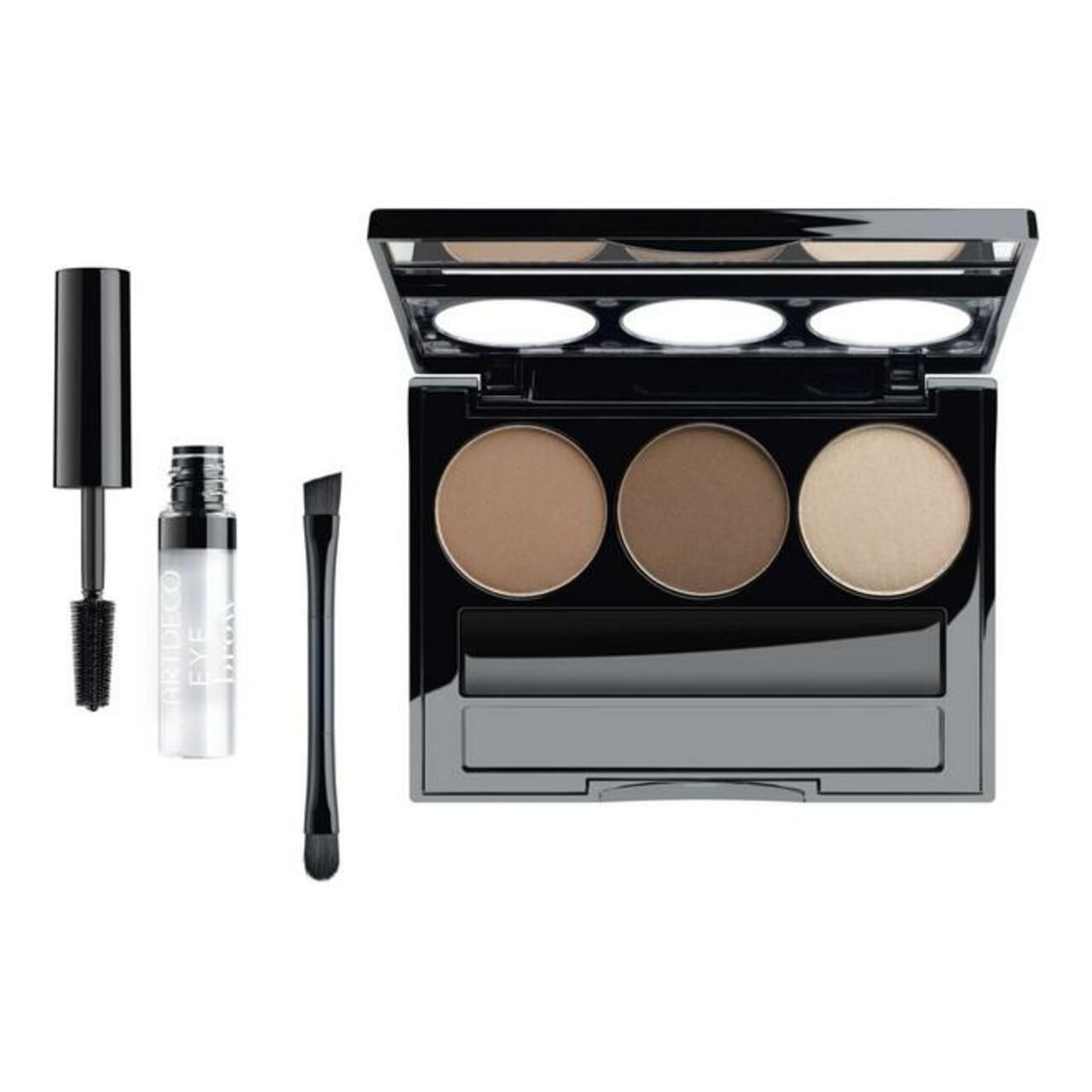 Augenbrauen-Kit mit drei Farbtönen, Spiegel, Bürste und Mascara. Schwarze Verpackung. Enthält auch ein Augenbrauengel.