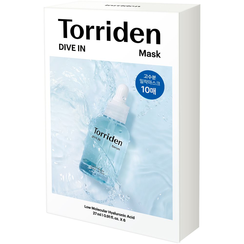 Torriden DIVE-IN Masken-Box mit 10 Stück, zeigt eine Hyaluronsäure-Serum-Flasche in Wasser.