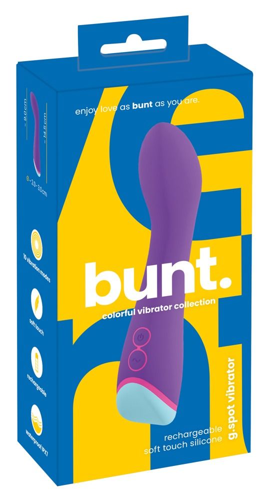 Blaue Produktverpackung mit lila Vibrator-Abbildung. Text: bunt, colorful vibrator collection, g spot vibrator, wiederaufladbar.