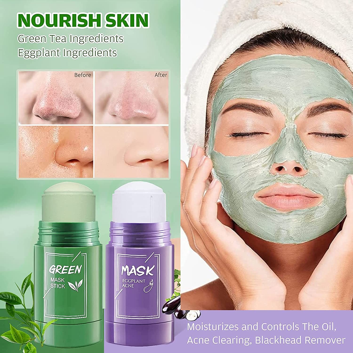 Zwei Masken-Sticks, grün und lila. Frau mit grüner Maske. Vorher-Nachher-Vergleich von Hautunreinheiten.
