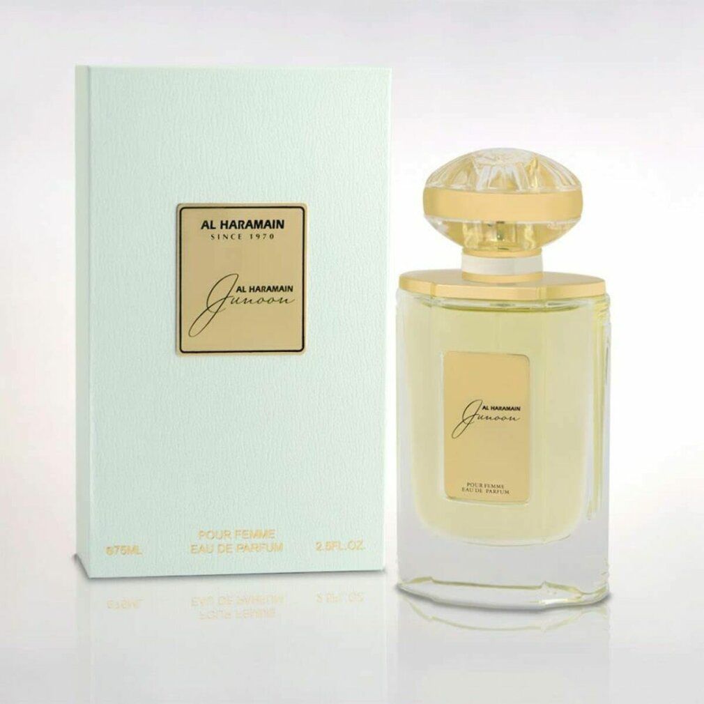 Hellgrüne Schachtel und Parfumflakon. Flakon mit goldfarbenem Verschluss und Etikett. Aufschrift "AL HARAMAIN" und "Junoon".