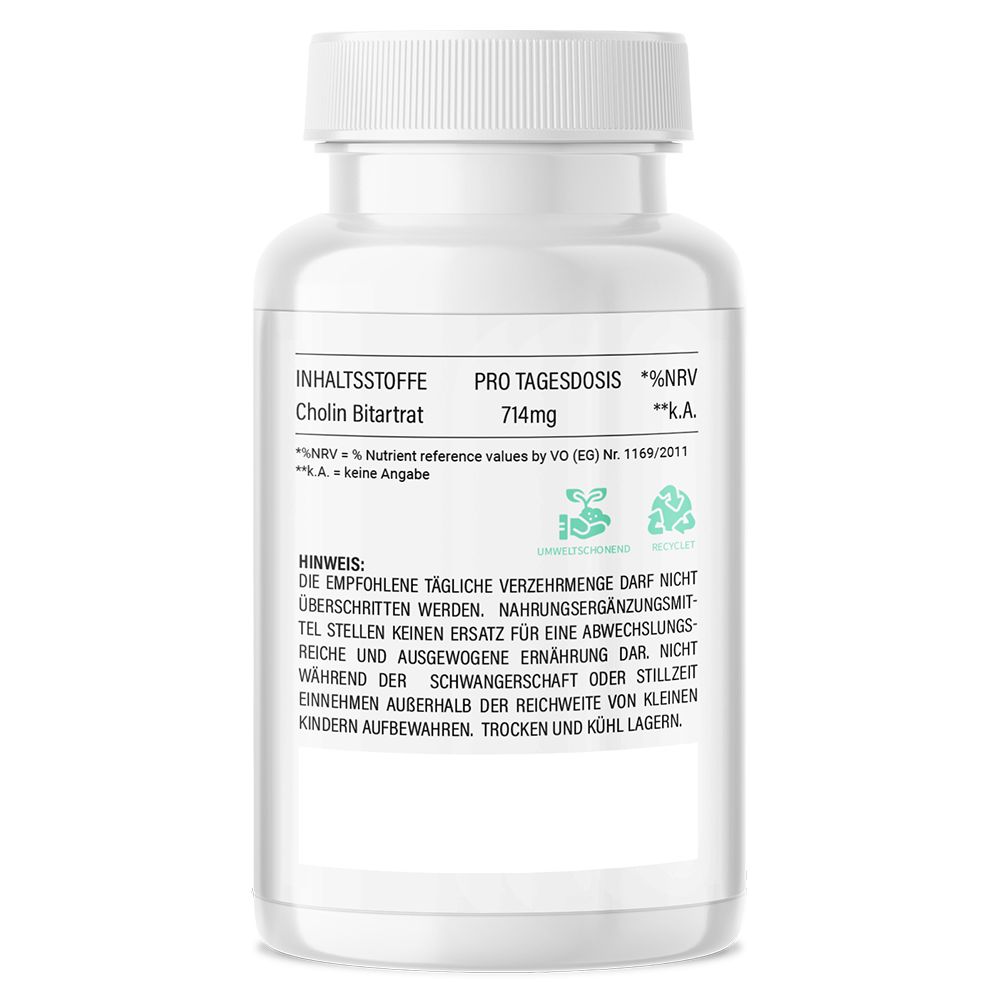 Rückseite einer weißen Flasche mit Kapseln. Text: Inhaltsstoffe, %NRV. Hinweis: Empfohlene tägliche Verzehrmenge nicht überschreiten.