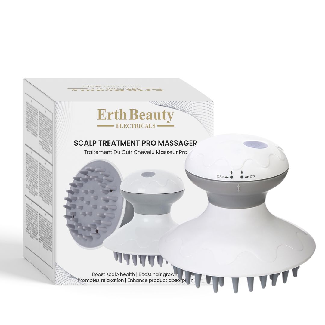 Elektrisches Scalp Boost-Massagegerät und Verpackung mit Erth Beauty Electricals Logo.