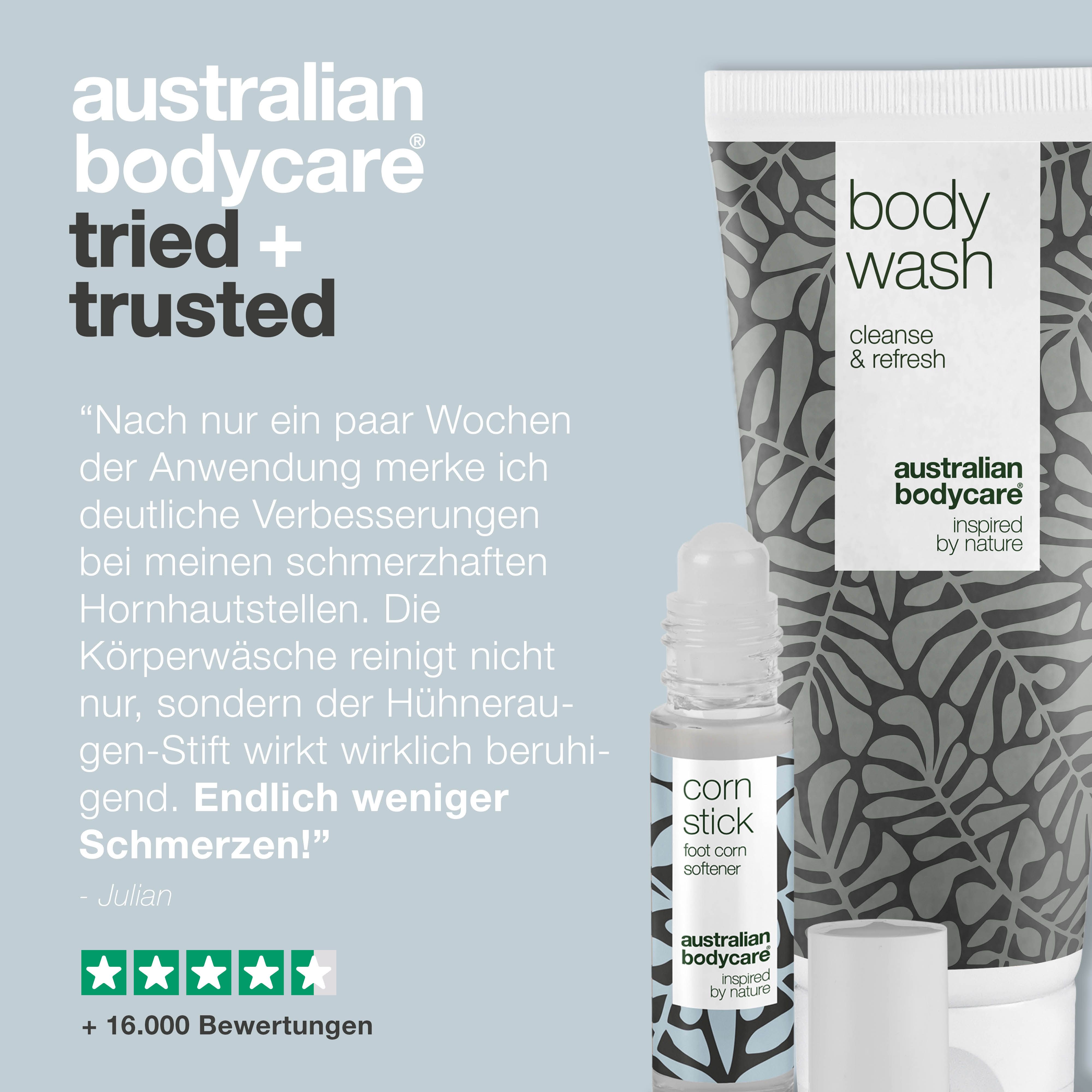 Tube, Roll-on. Aufschriften: Body Wash, Corn Stick. Marke: Australian Bodycare.
