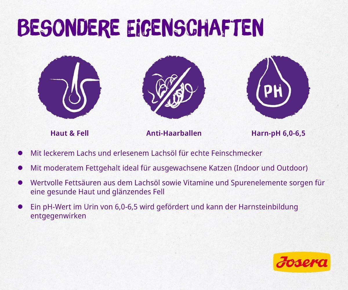 Drei Icons: Haut & Fell, Anti-Haarballen, Harn-pH. Josera Culinesse Vorteile.