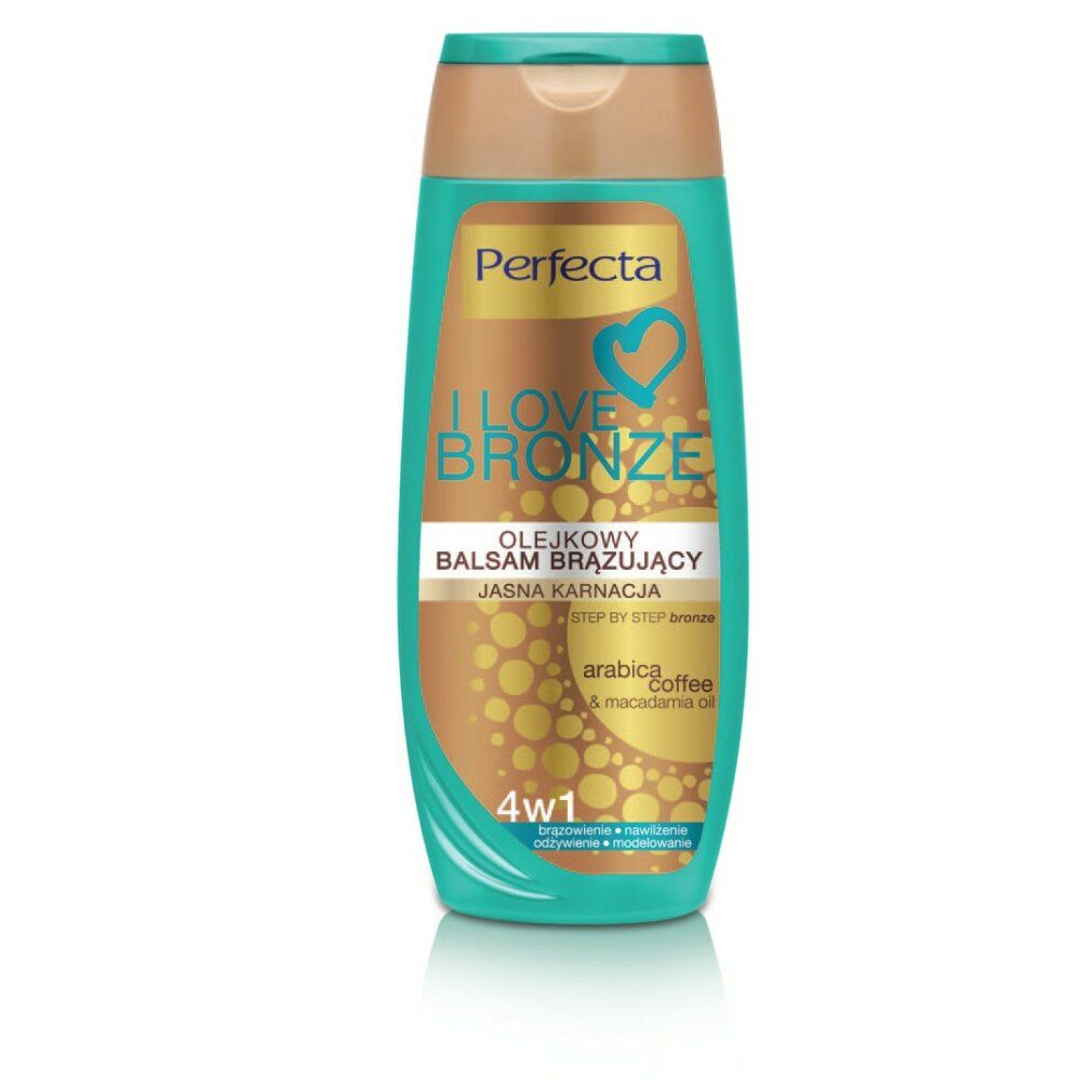 Flasche Perfecta i Love Bronze Oil Bronzing Lotion. Türkis-braune Verpackung. Aufschrift: I LOVE BRONZE, 4w1.