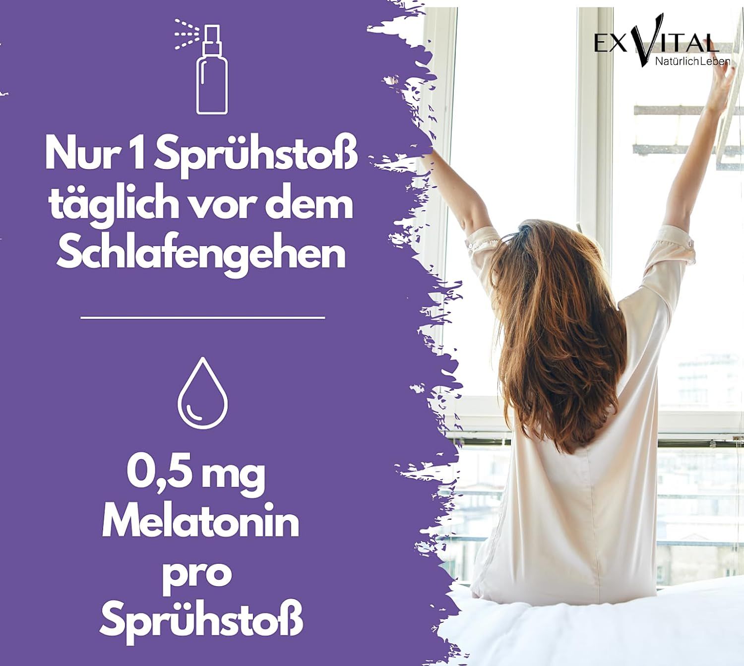 Frau streckt sich im Bett, Sprühflasche mit Melatonin und Dosierung.