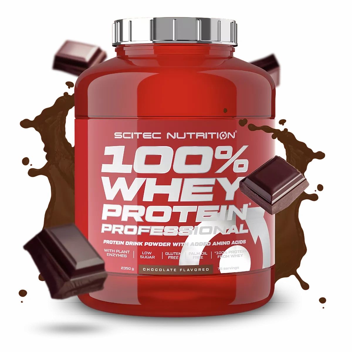 Rote Dose mit Scitec Nutrition 100% Whey Protein Professional. Schokoladenstücke und Schokoladenspritzer umgeben die Dose.