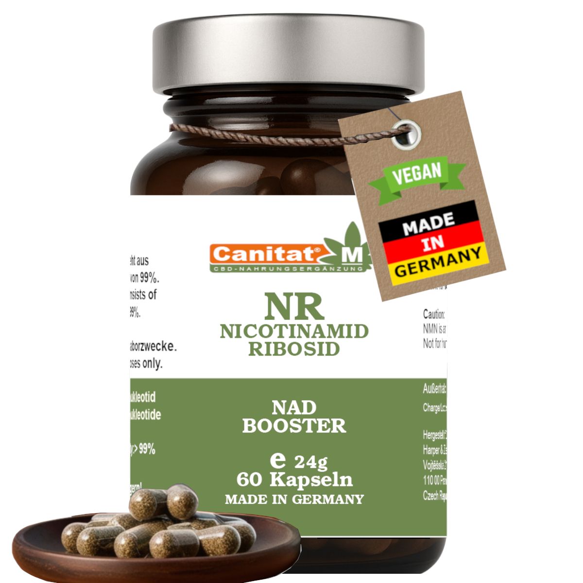 Braune Glasflasche mit Kapseln, Etikett mit Produktinformationen. Siegel: Vegan, Made in Germany. Einige Kapseln auf einem kleinen Holztablett.