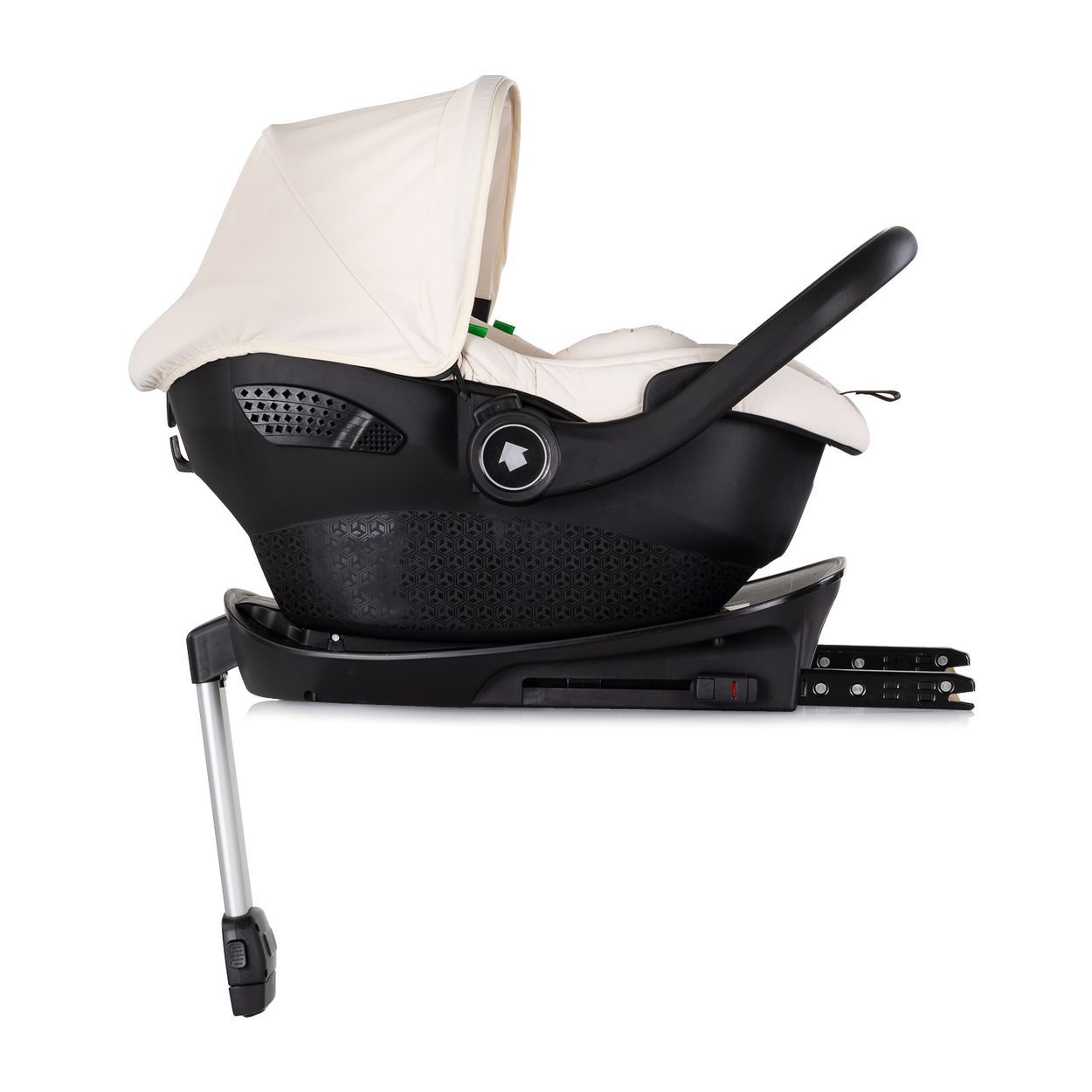 Baby-Autositz mit Verdeck und Basisstation, beige und schwarz.