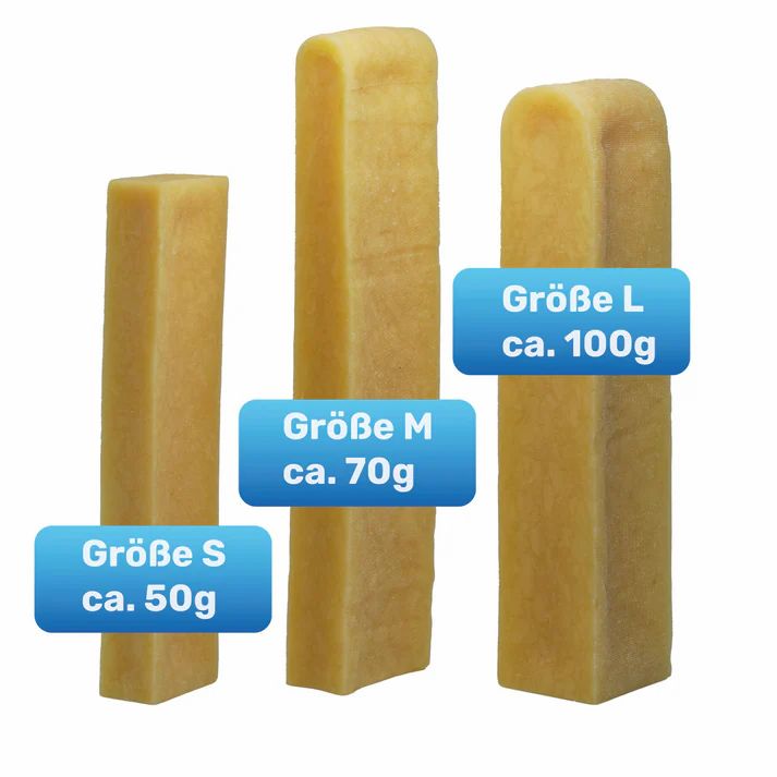 Drei Kausnacks in verschiedenen Größen: S (ca. 50g), M (ca. 70g), L (ca. 100g).