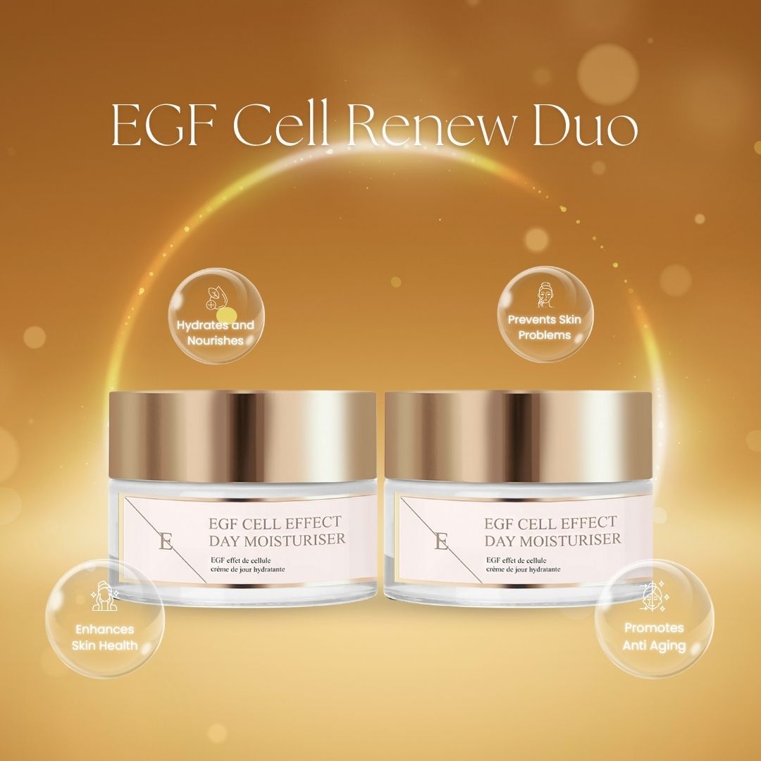 Zwei Tiegel Tagesfeuchtigkeitscreme mit goldfarbenen Deckeln und Etiketten. Aufschrift: EGF Cell Effect Day Moisturiser. Hintergrund mit goldenen Elementen.