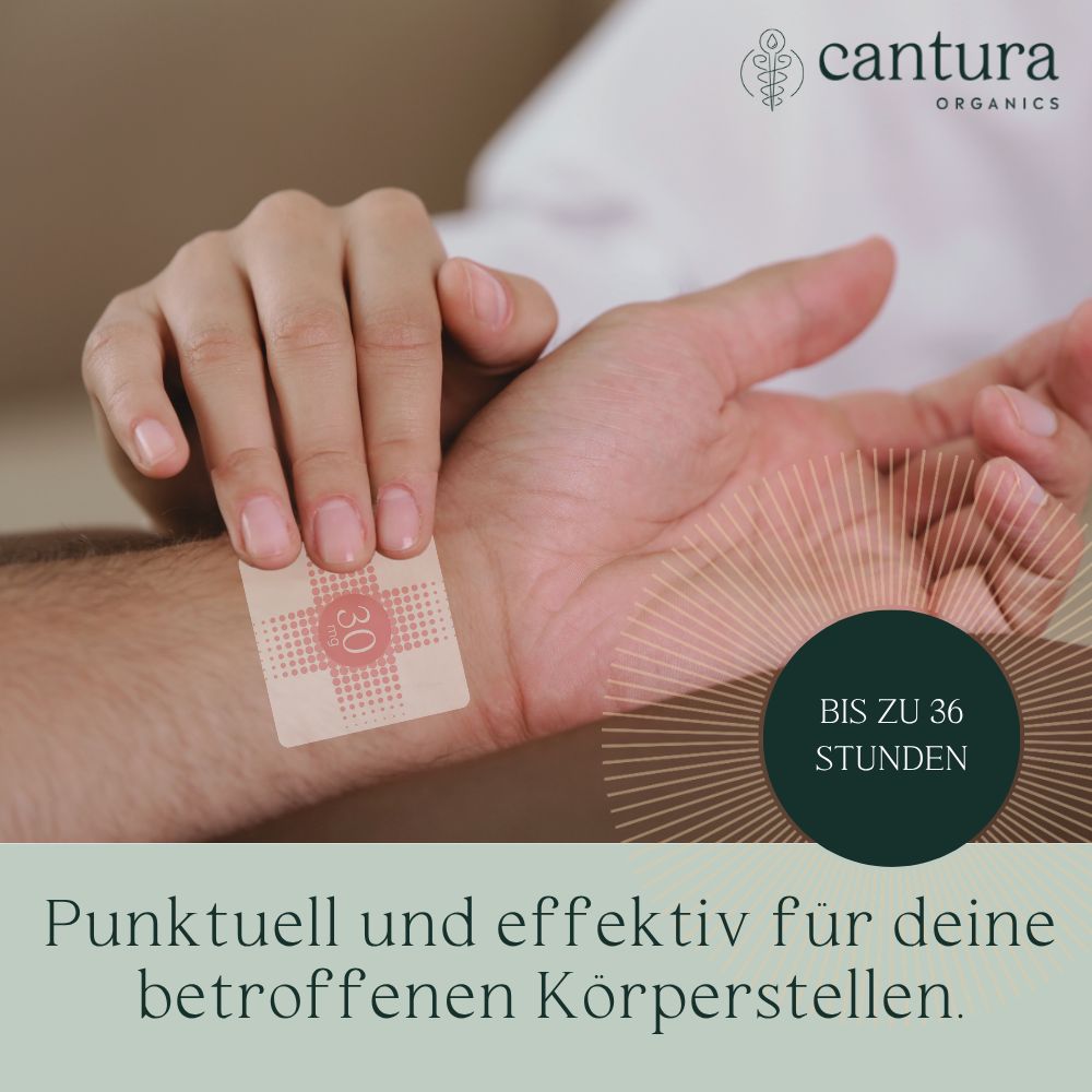Person hält ein Pflaster auf der Hand. Text: Punktuell und effektiv für deine betroffenen Körperstellen. Bis zu 36 Stunden.