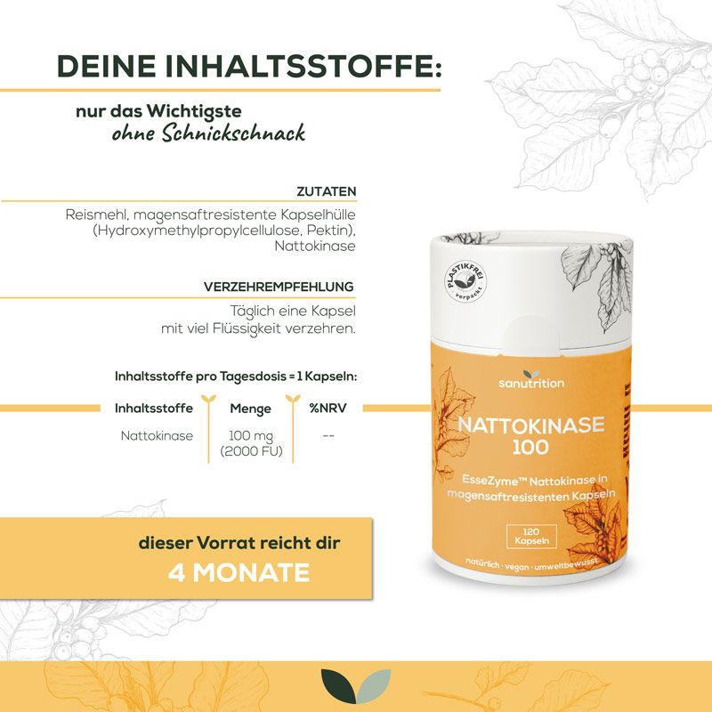 Infografik: Sanutrition Nattokinase 100 Dose, Inhaltsstoffe, Verzehrempfehlung, 100 mg Nattokinase, 120 Kapseln, Vorrat für 4 Monate.