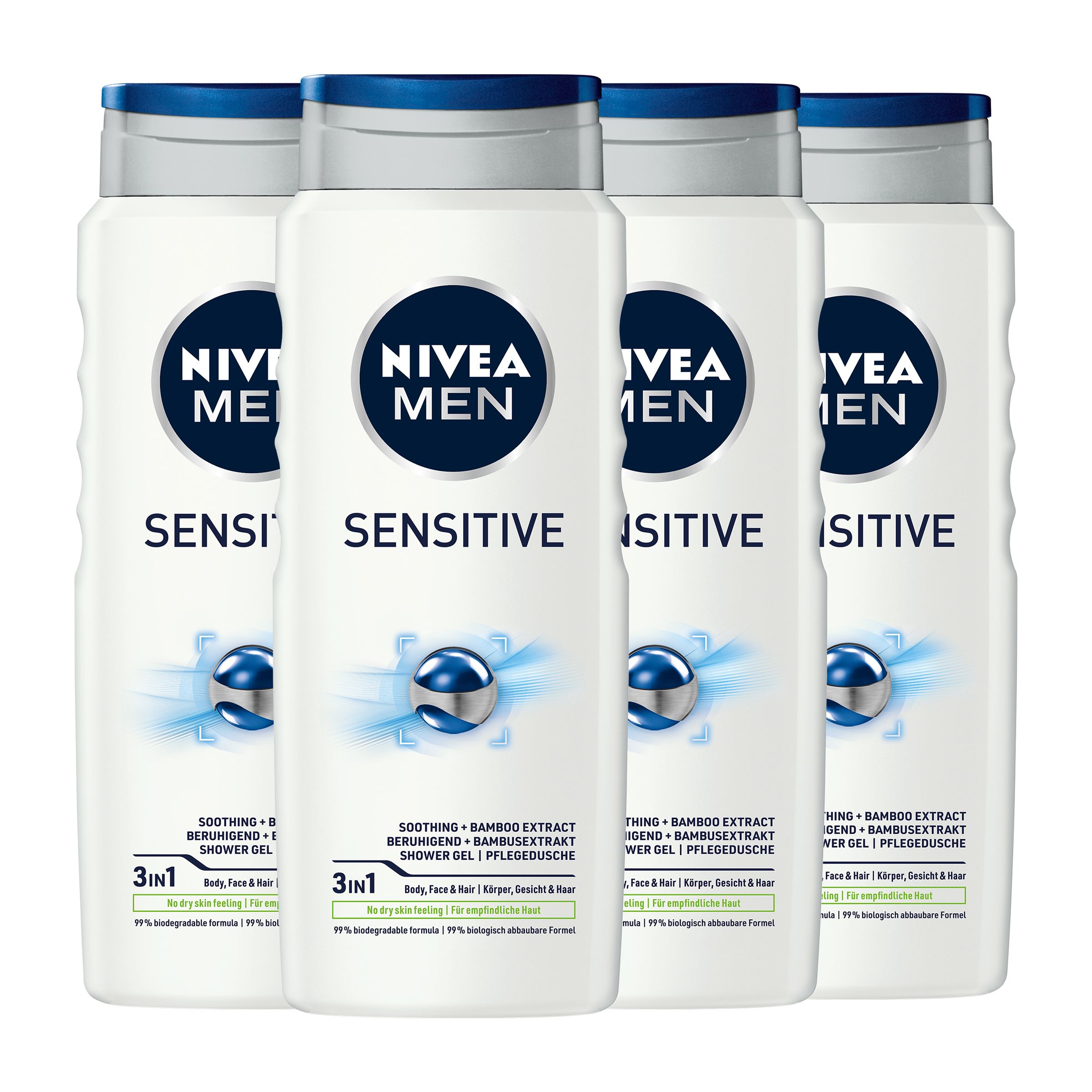 Vier Flaschen NIVEA MEN Pflegedusche Sensitive. Weiße Flaschen mit blauem Deckel und Logo. Text: Sensitive, 3in1, beruhigend.