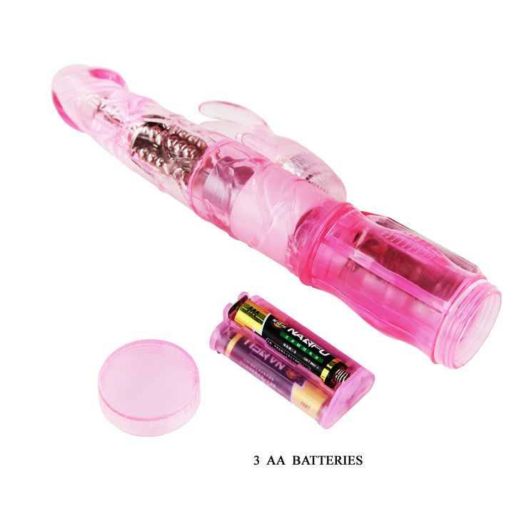 Rosa Vibrator mit transparenten Elementen. Enthält Batterien und Batteriefach. Kaninchenform.