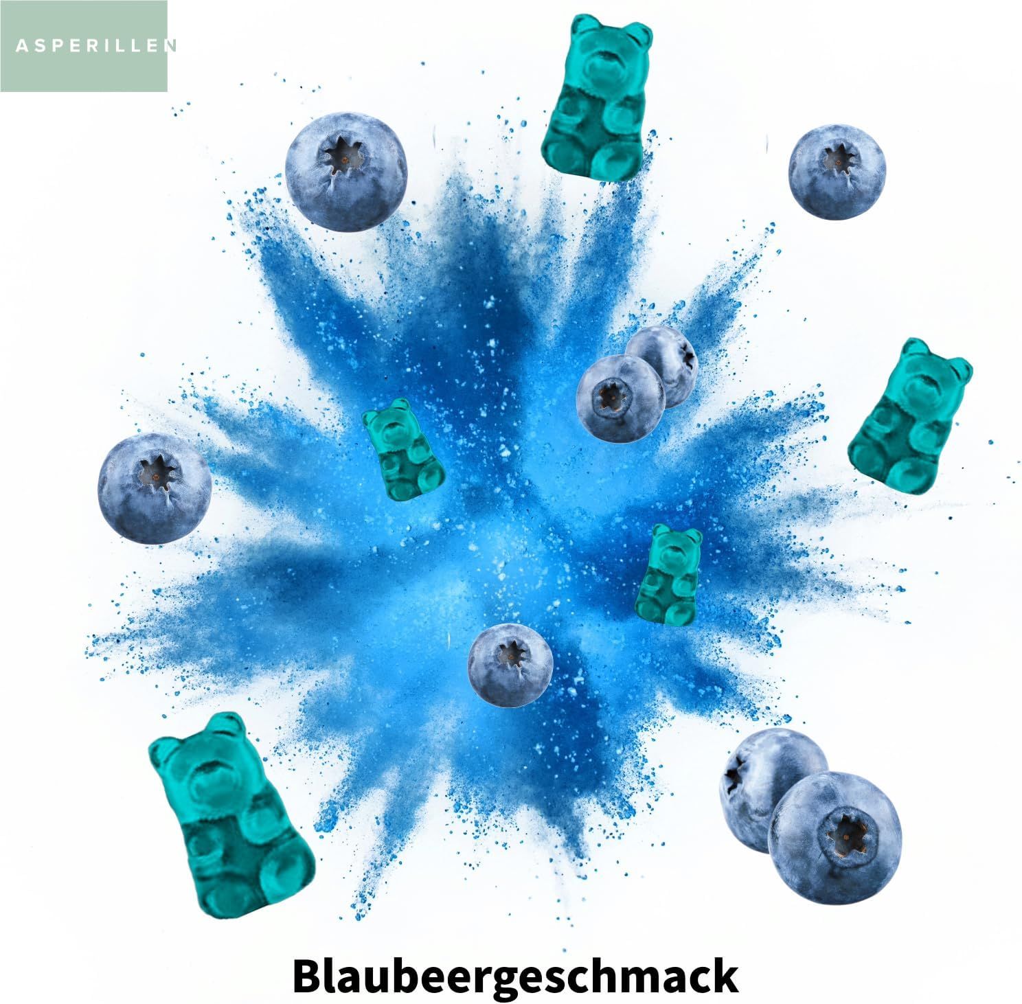 Blaue Explosion mit Gummibärchen und Blaubeeren. Text: Blaubeergeschmack.