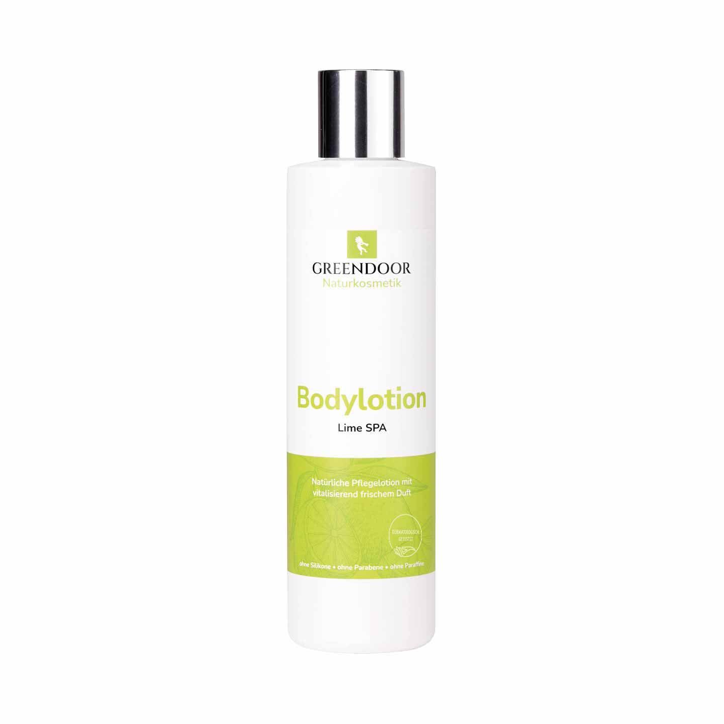 GREENDOOR Bodylotion Lime SPA in weißer Flasche mit silbernem Verschluss.